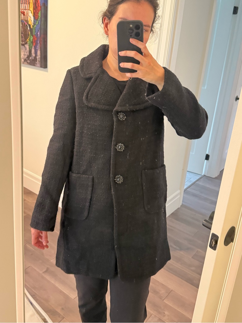 Kate Spade New York Black Wool-Blend Tweed Dress Coat